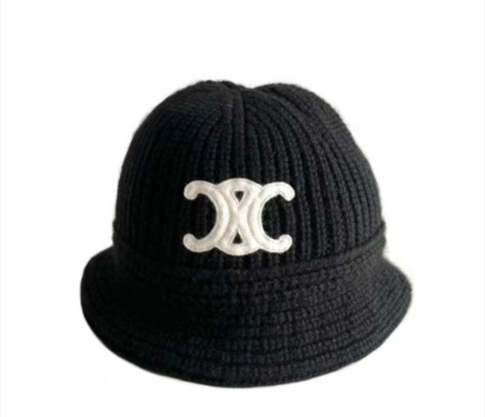 Celine Triomphe Ribbed Knit Bucket Beanie in Black